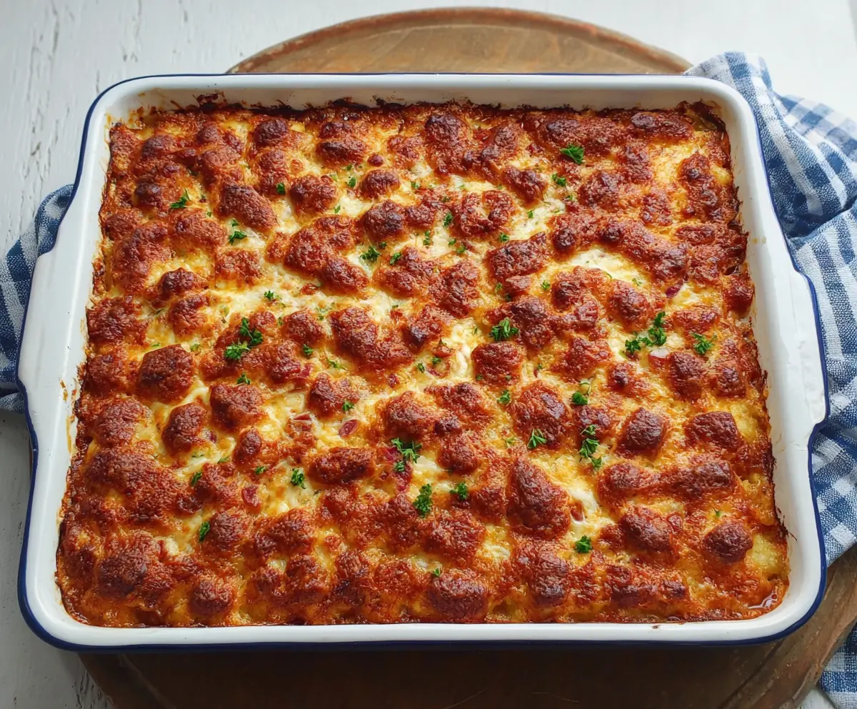 Delicious corned beef casserole with melted cheese and crispy potatoes served in a baking dish.