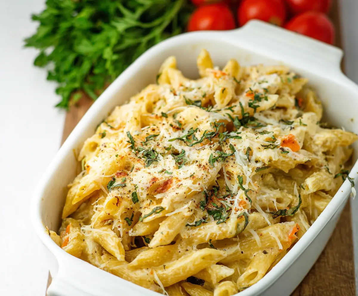 Delicious Cottage Cheese Alfredo Pasta Bake topped with melted cheese and herbs, served hot.