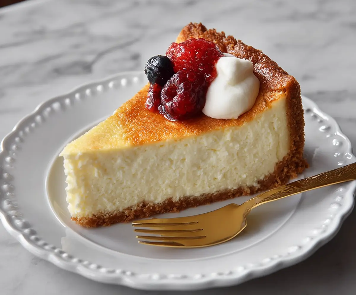 Delicious cottage cheese cheesecake garnished with fresh berries on a white plate.
