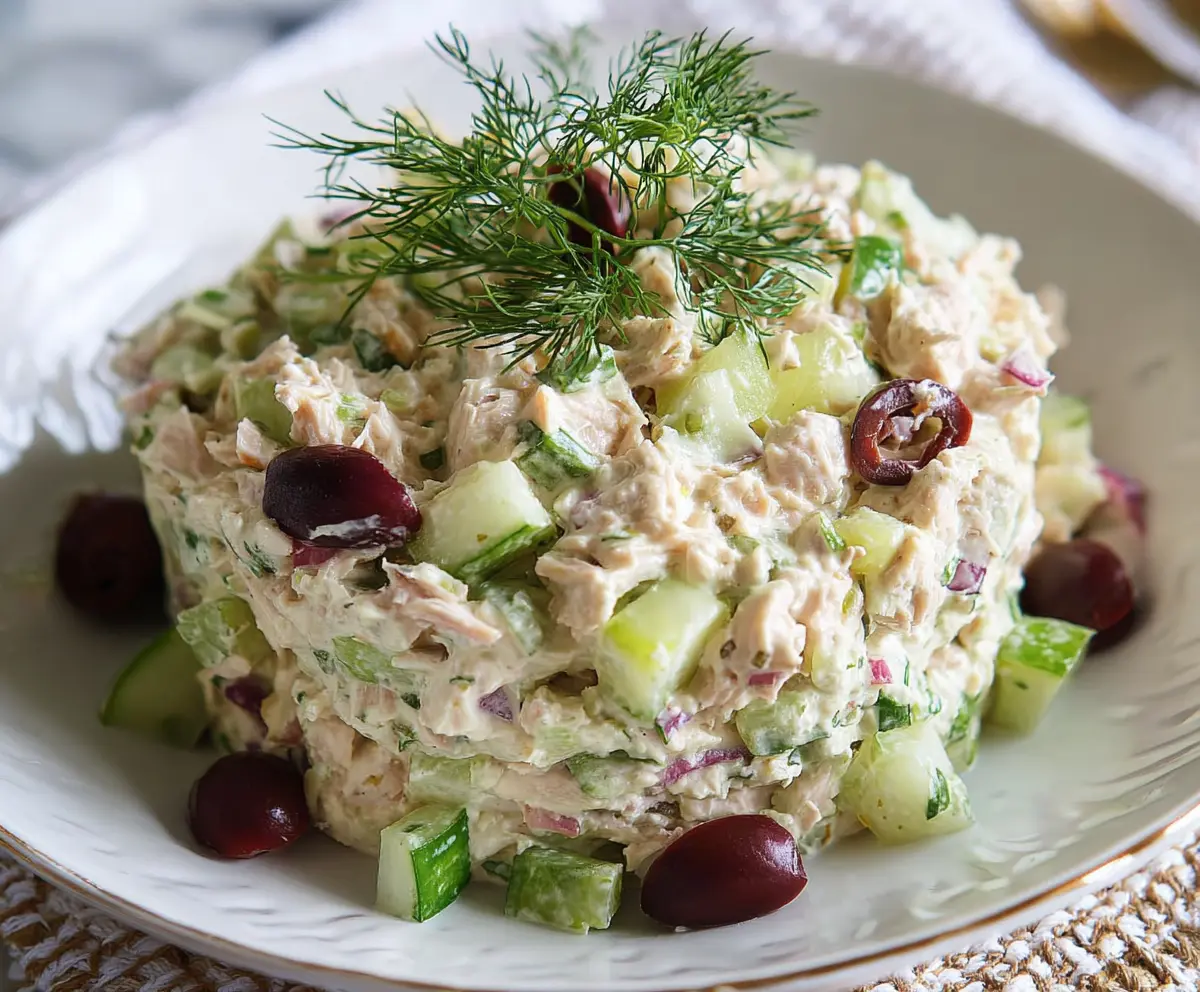 Healthy Cottage Cheese Tuna Salad in a bowl, garnished with herbs and lemon for a nutritious meal.