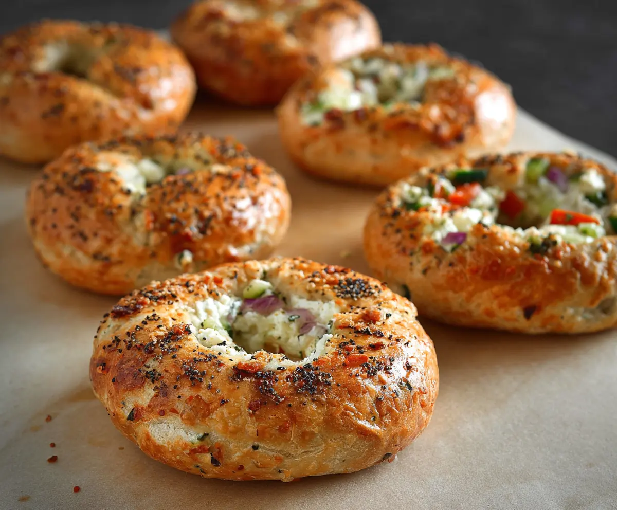 Delicious cottage cheese veggie bagels garnished with fresh vegetables on a wooden cutting board.