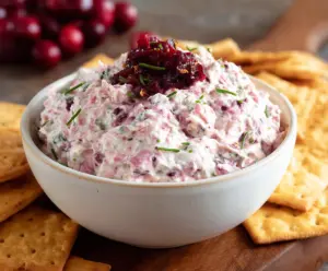 Creamy cranberry jalapeno dip served in a bowl with fresh herbs and chips on a festive table.