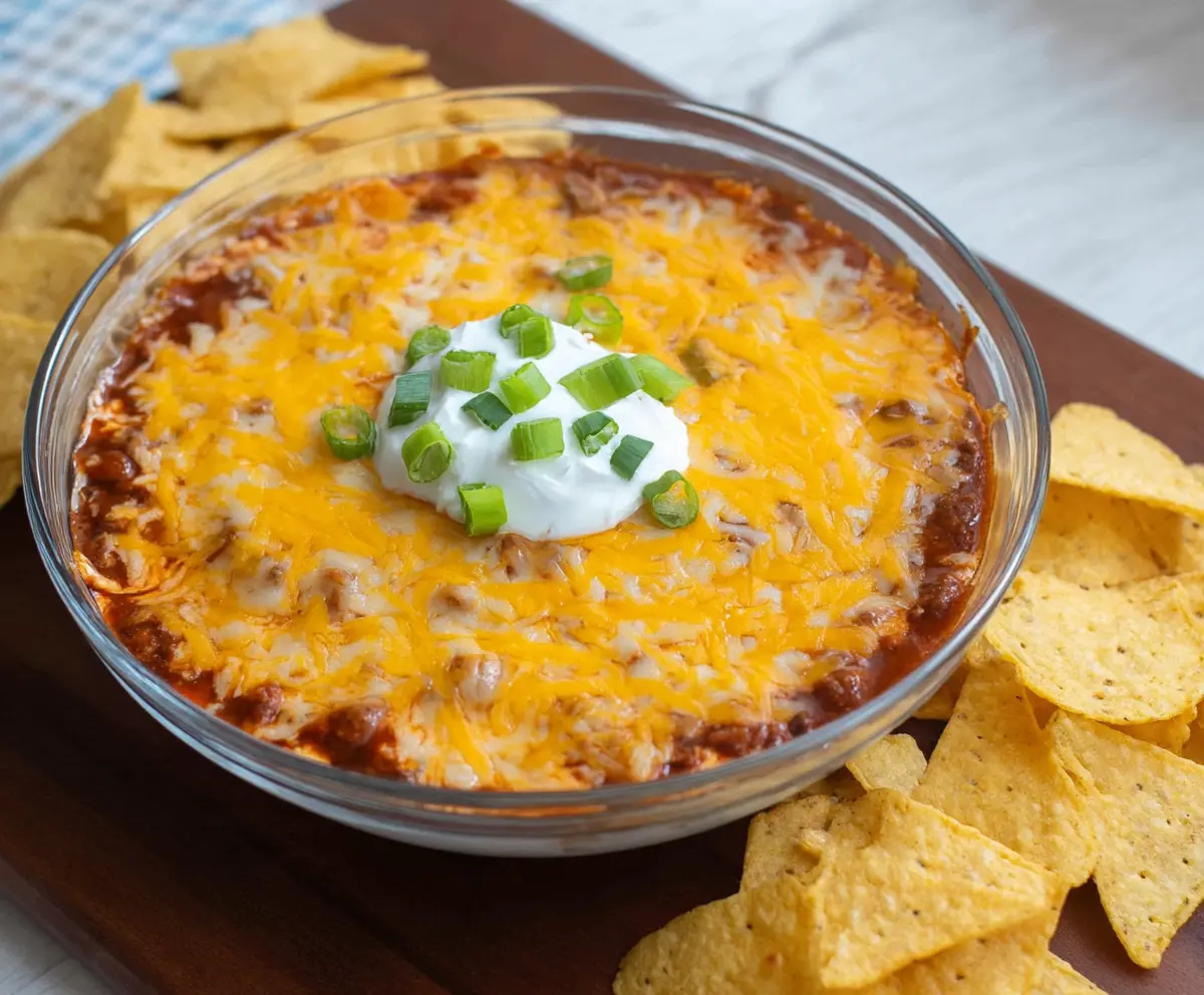 Cream Cheese Chili Dip served with crispy tortilla chips, perfect for parties and gatherings.