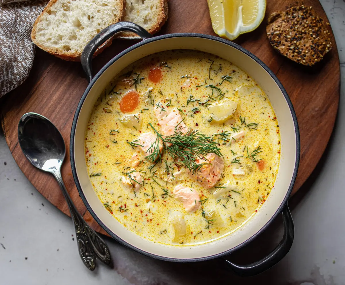 Delicious creamy dill salmon soup served in a bowl, garnished with fresh herbs.