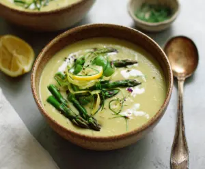 A bowl of creamy tahini and lemon asparagus soup garnished with fresh herbs.