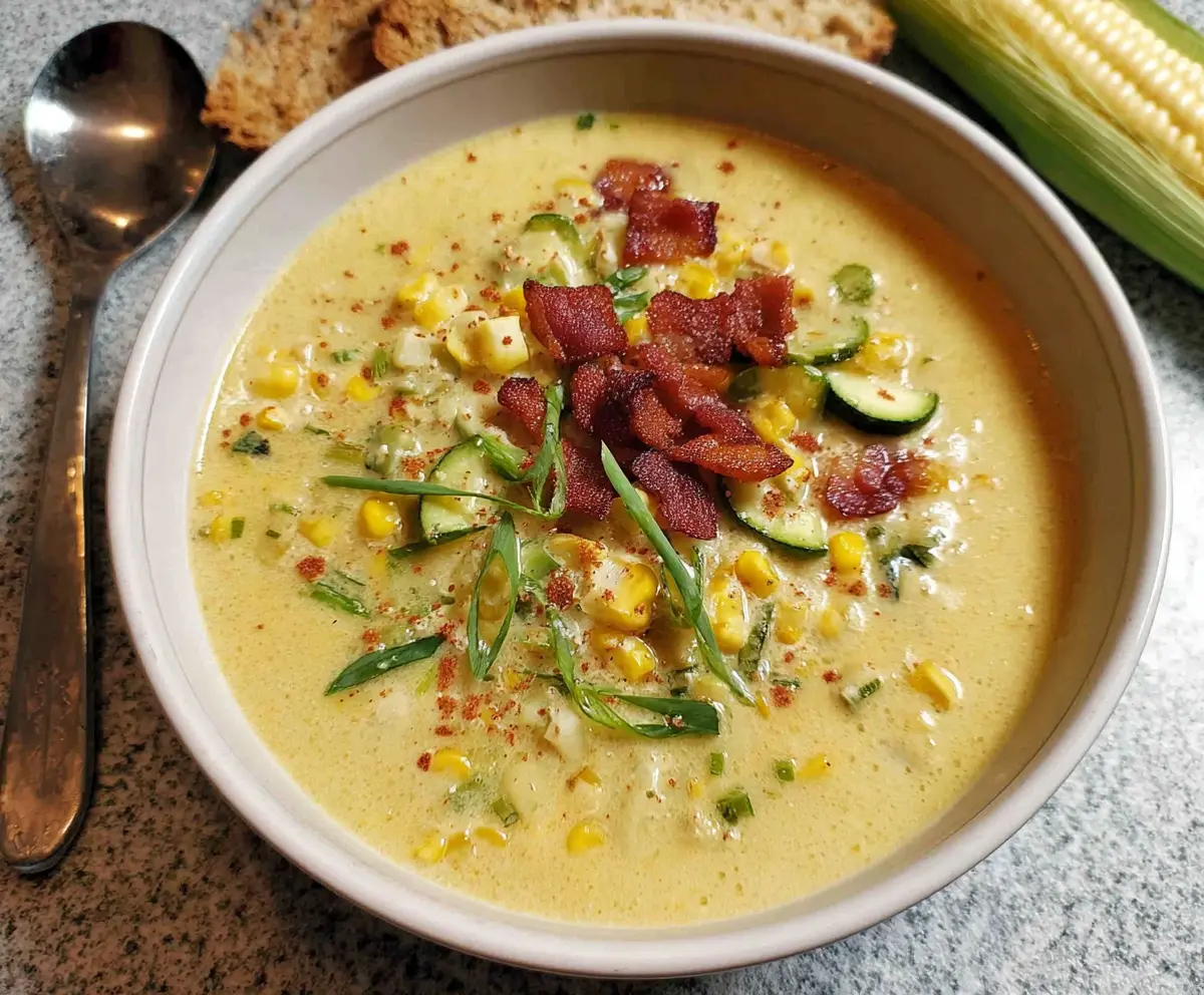 Creamy zucchini and corn chowder soup in a bowl, garnished with fresh herbs.
