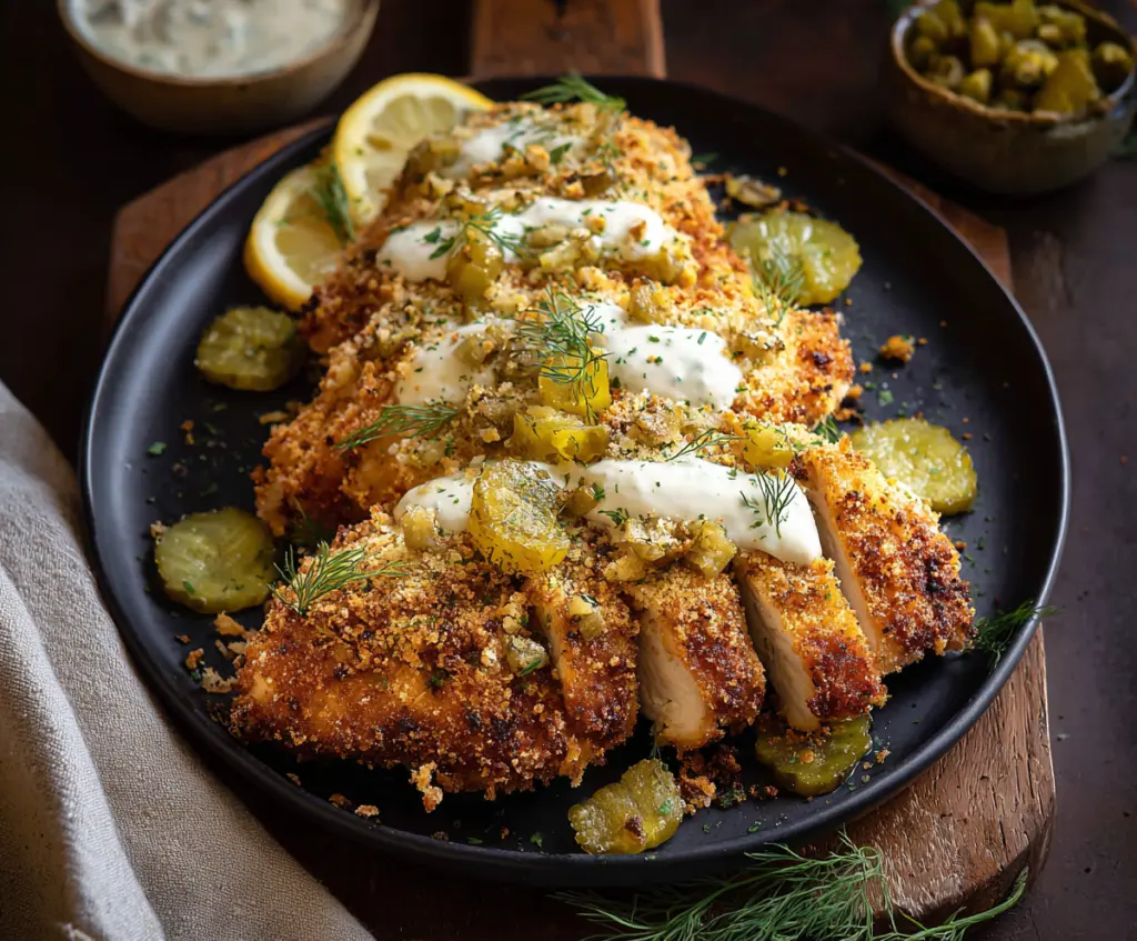 Crispy Dill Pickle Parmesan Chicken served on a plate with fresh herbs