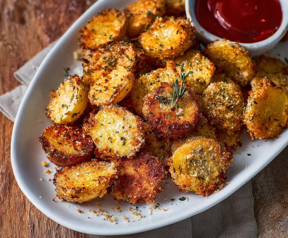 Golden crispy garlic parmesan crusted potatoes served hot on a plate.