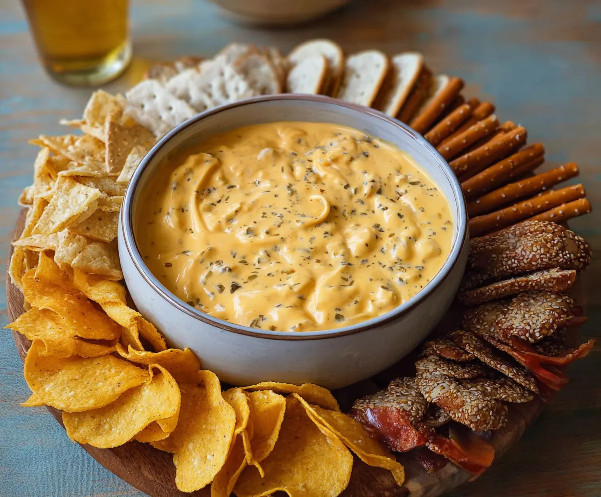 Creamy crock pot beer cheese dip served with fresh bread and snack chips, perfect for parties.