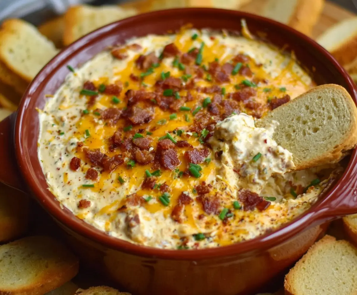 Creamy Crock Pot Crack Dip with melted cheese and bacon served in a slow cooker.