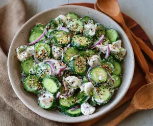 Fresh cucumber and bagel salad with herbs, perfect for a light and healthy meal.