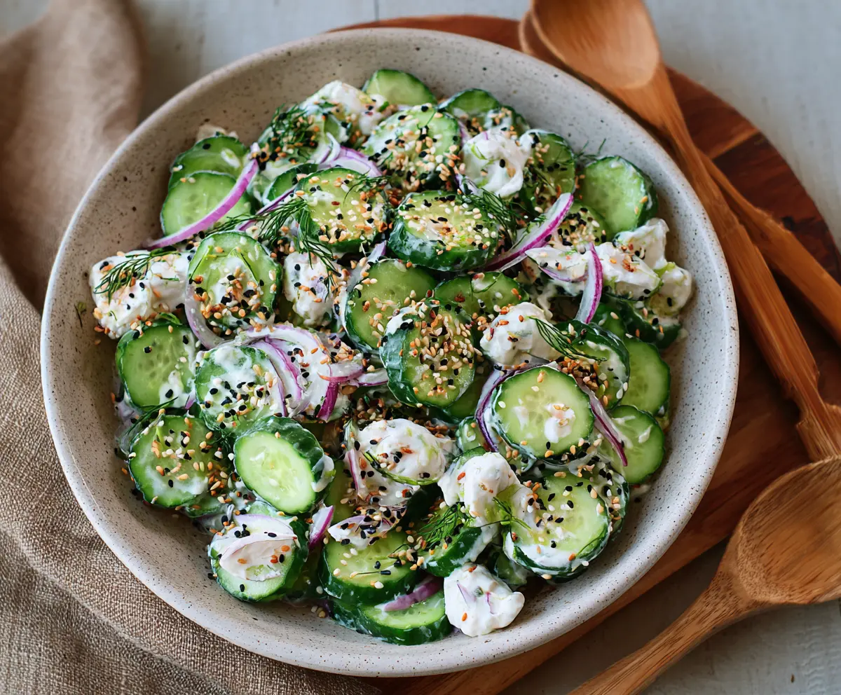 Fresh cucumber and bagel salad with herbs, perfect for a light and healthy meal.
