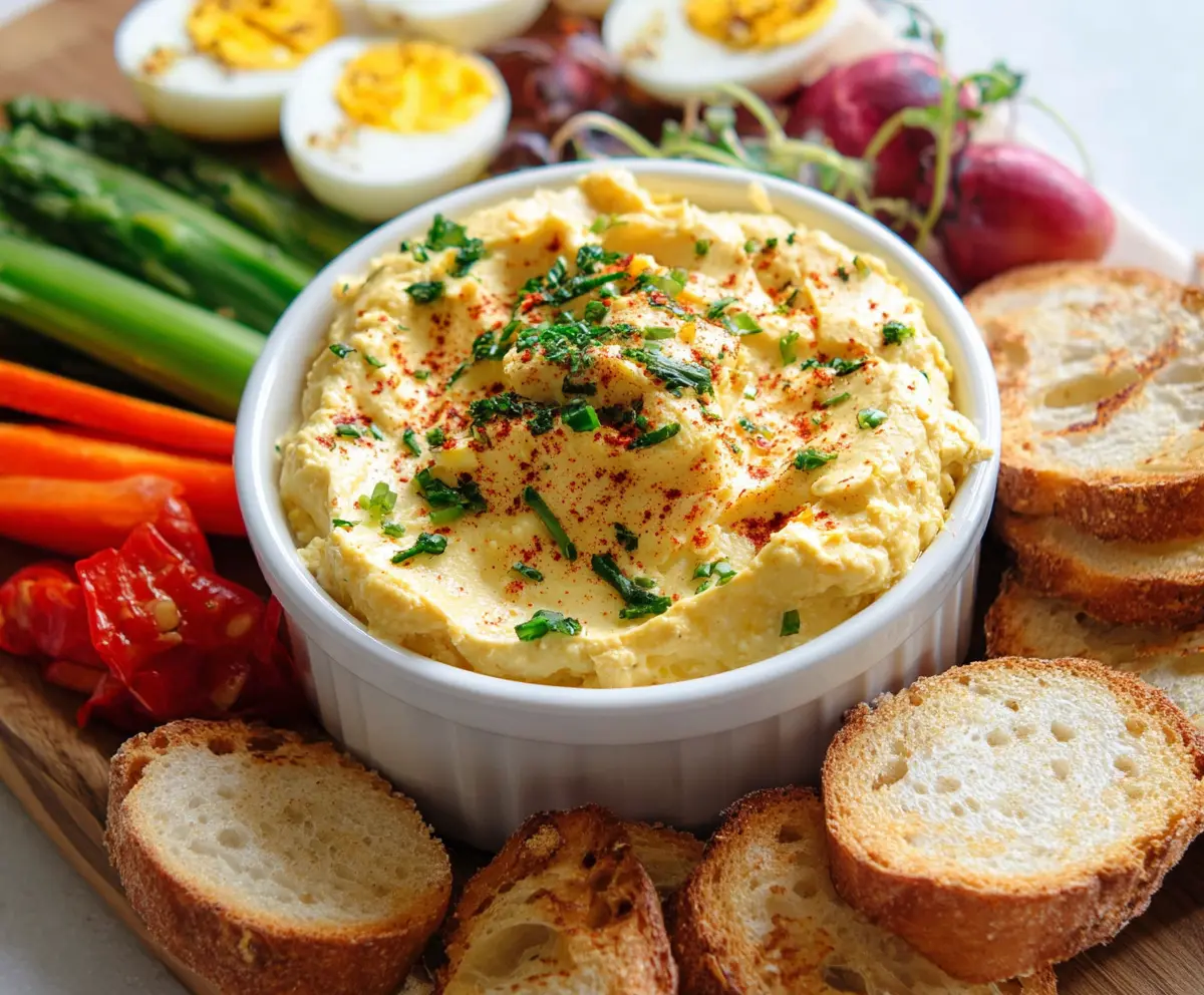 Creamy deviled eggs dip in a bowl, garnished with paprika and herbs, perfect for appetizers and parties.