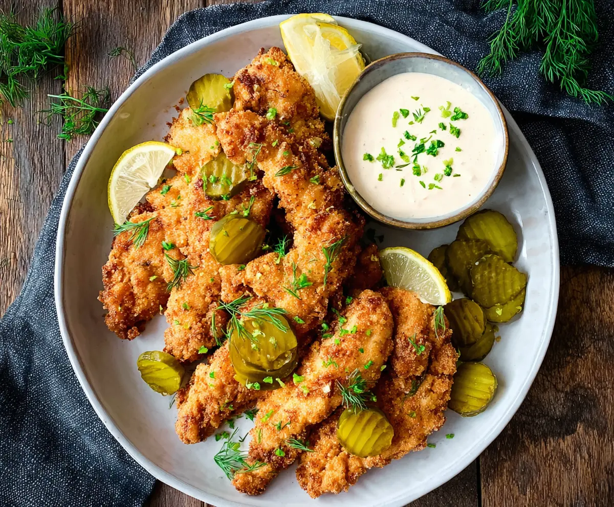 Crunchy Dill Pickle Ranch Chicken Tenders served with fresh herbs and a dipping sauce