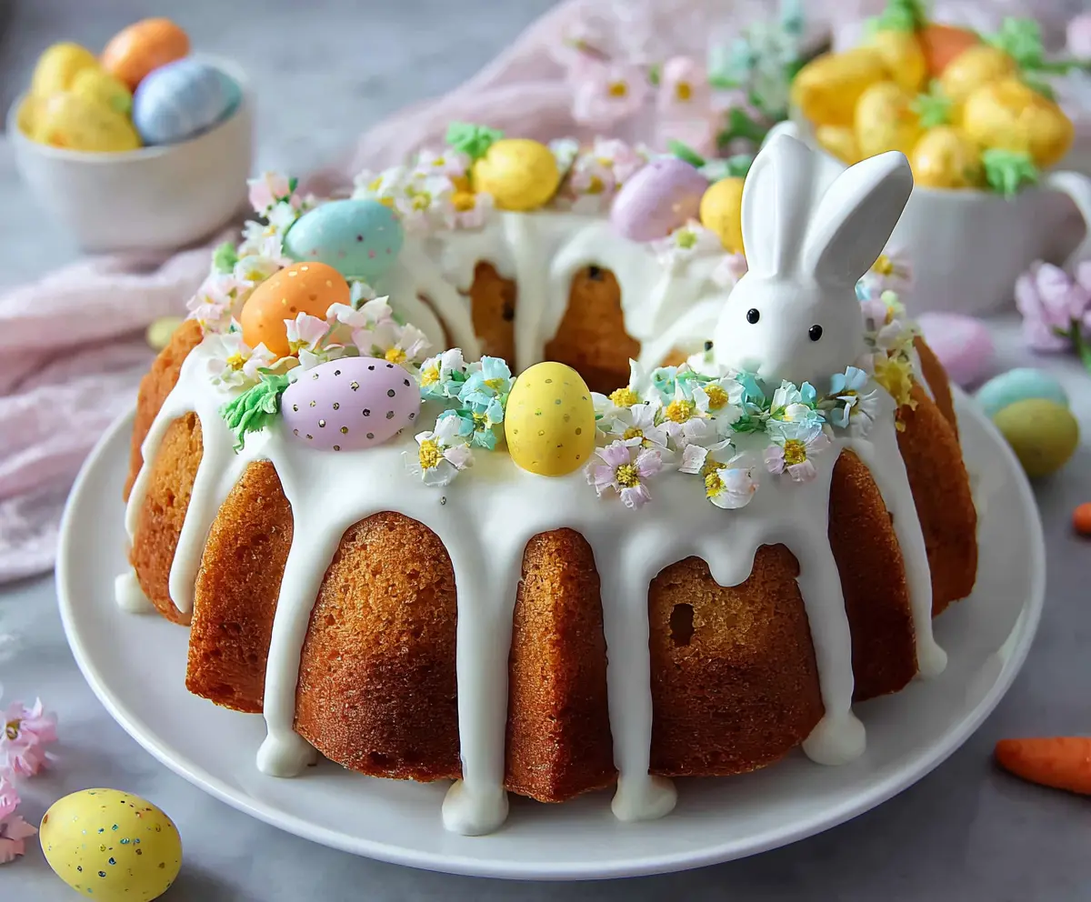 Easter Bundt Cake decorated with colorful pastel icing and festive sprinkles for spring celebration.