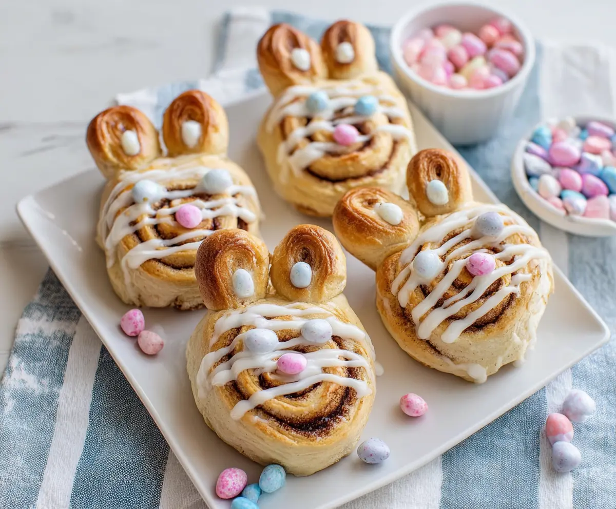 Delicious Easter Bunny Cinnamon Rolls with icing and colorful sprinkles for festive celebrations