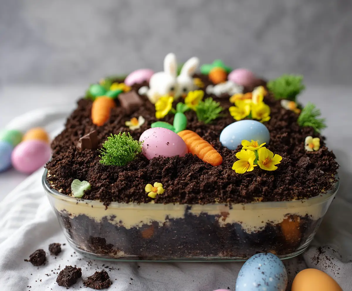 Delicious Easter Dirt Cake with chocolate crumbs, gummy worms, and colorful candies for a festive celebration.