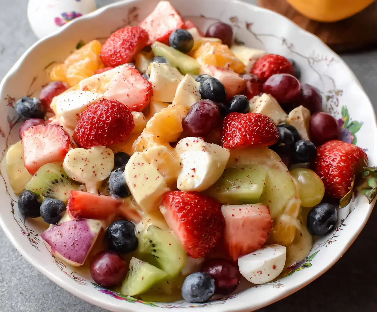 Colorful Easter Fruit Salad with fresh strawberries, grapes, and melons for a festive celebration