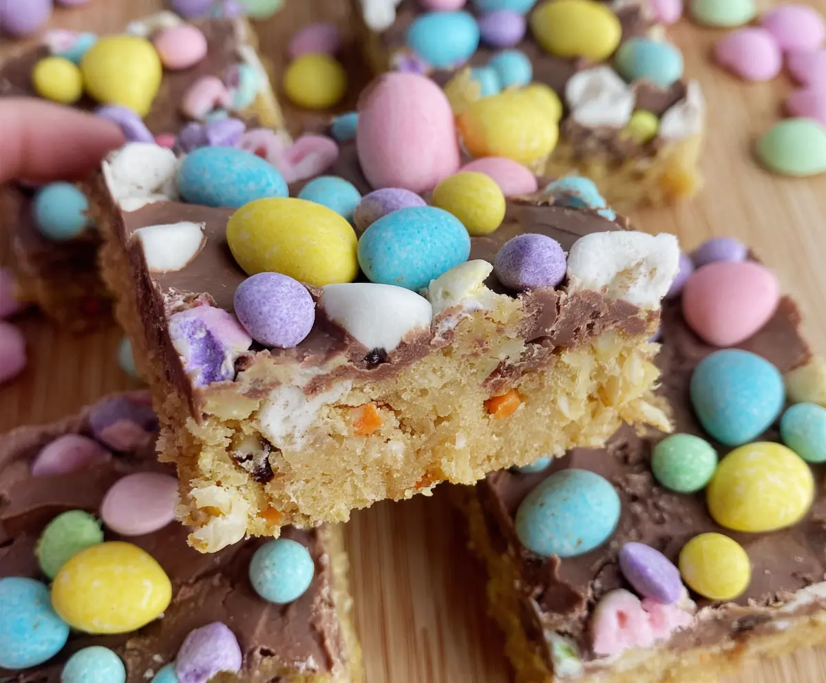 Delicious Easter Goody Bars with colorful sprinkles and chocolate pieces on a festive plate