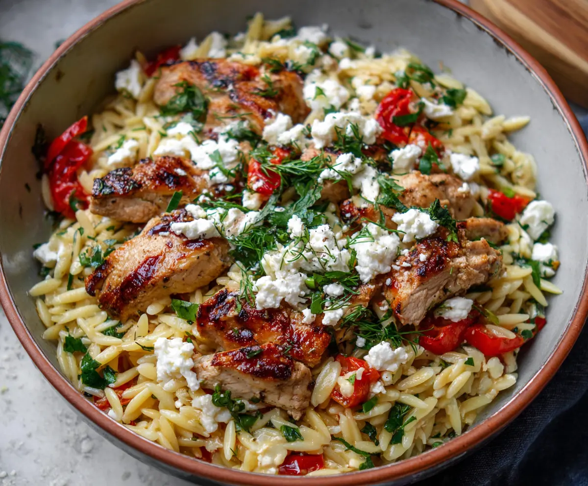 Delicious Feta Orzo with Tender Chicken served on a plate, garnished with fresh herbs.