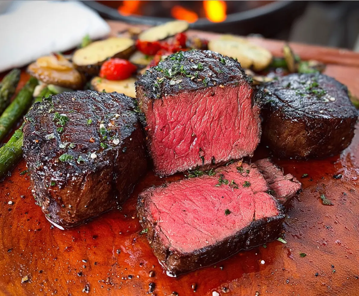 Juicy filet mignon steak cooked to perfection on a wooden cutting board.