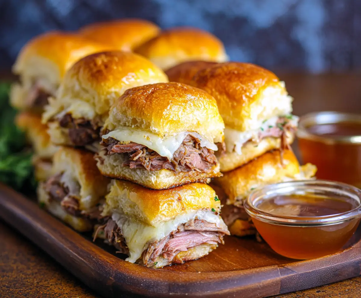 Delicious French Dip Sliders with tender roast beef and melted cheese in slider buns