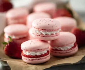Delicious French strawberry macarons with vibrant pink shells and creamy filling