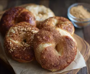 Delicious French Toast Bagels topped with powdered sugar and fresh strawberries on a rustic wooden plate.