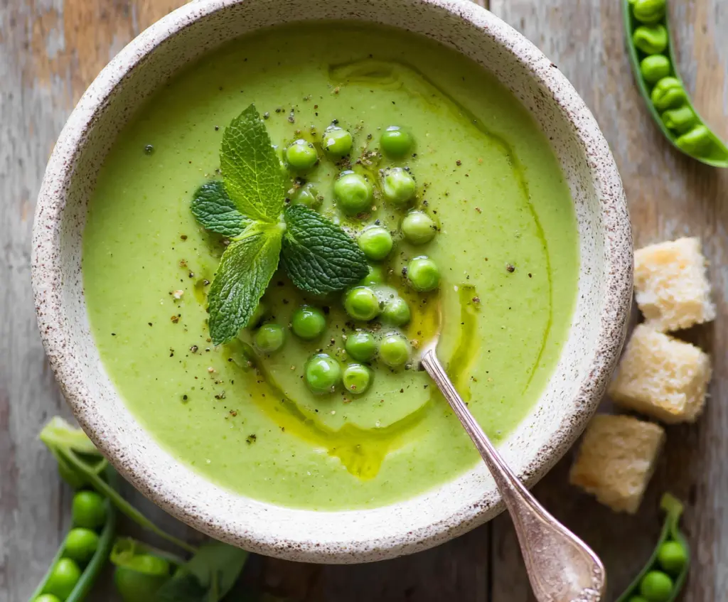 Creamy fresh pea soup garnished with herbs in a white bowl for a healthy appetizer.