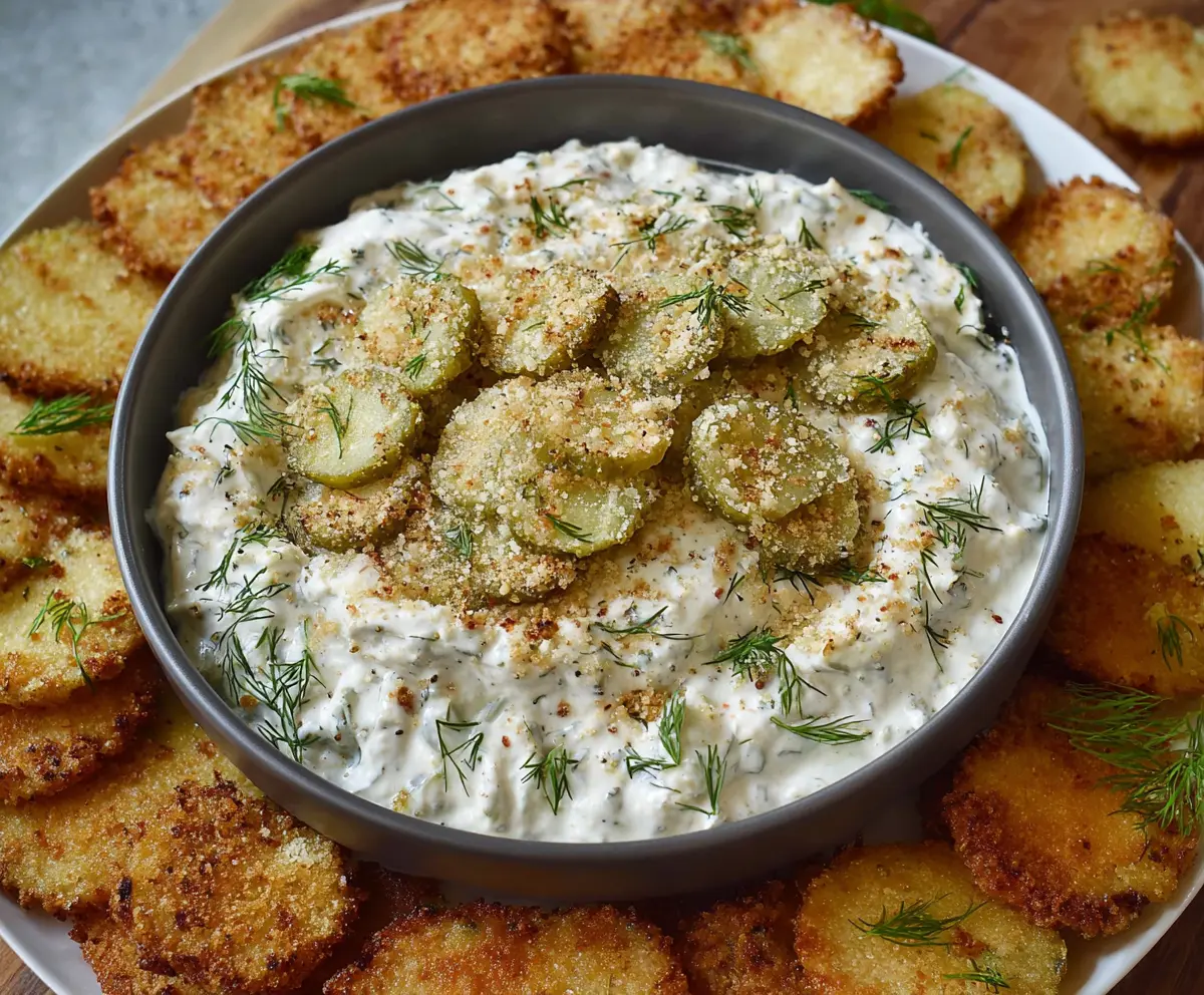 Delicious fried pickle dip served with crispy chips for a tasty snack.