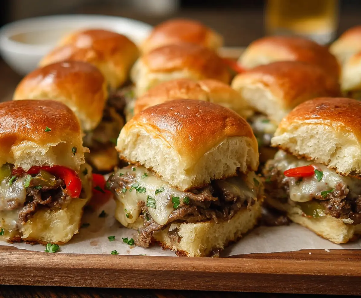 Delicious Game Day Philly Cheesesteak Sliders with melted cheese and savory beef on a baking tray.
