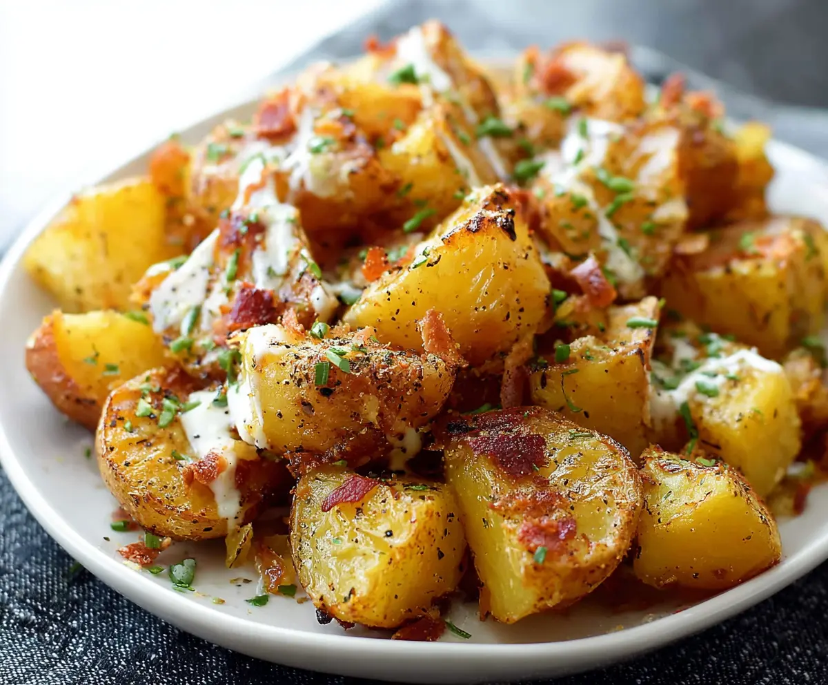 Golden roasted Garlic Ranch Potatoes garnished with herbs, perfect for a tasty side dish.