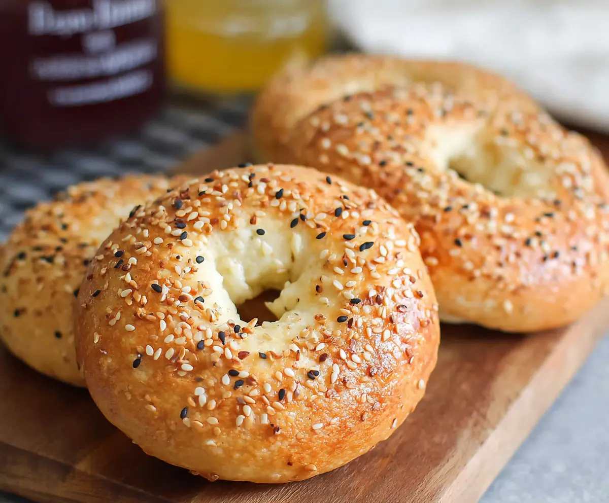 Delicious gluten-free cottage cheese bagels on a wooden board, perfect for breakfast or snack.