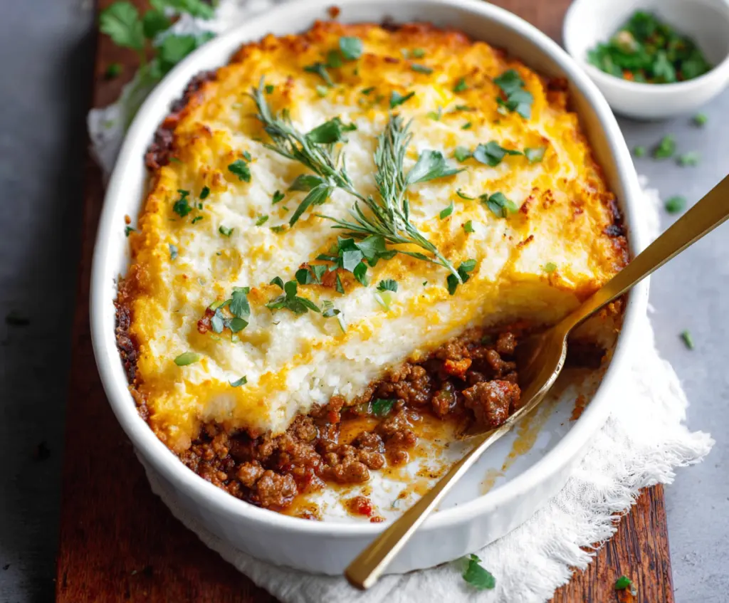 Delicious gluten-free shepherd's pie with mashed potato topping and savory filling in a baking dish