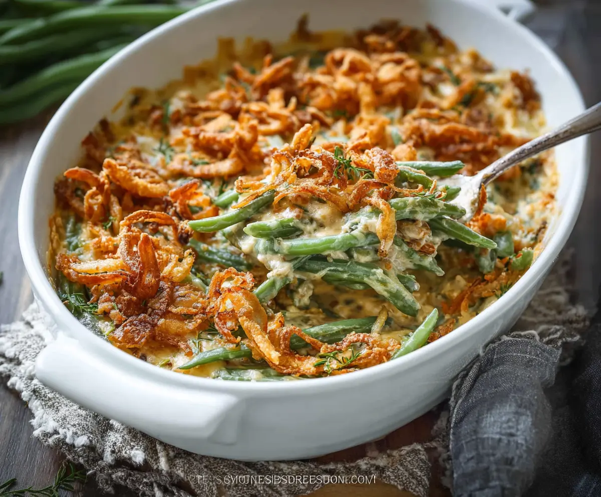 Delicious homemade green bean casserole topped with crispy fried onions, served in a baking dish.