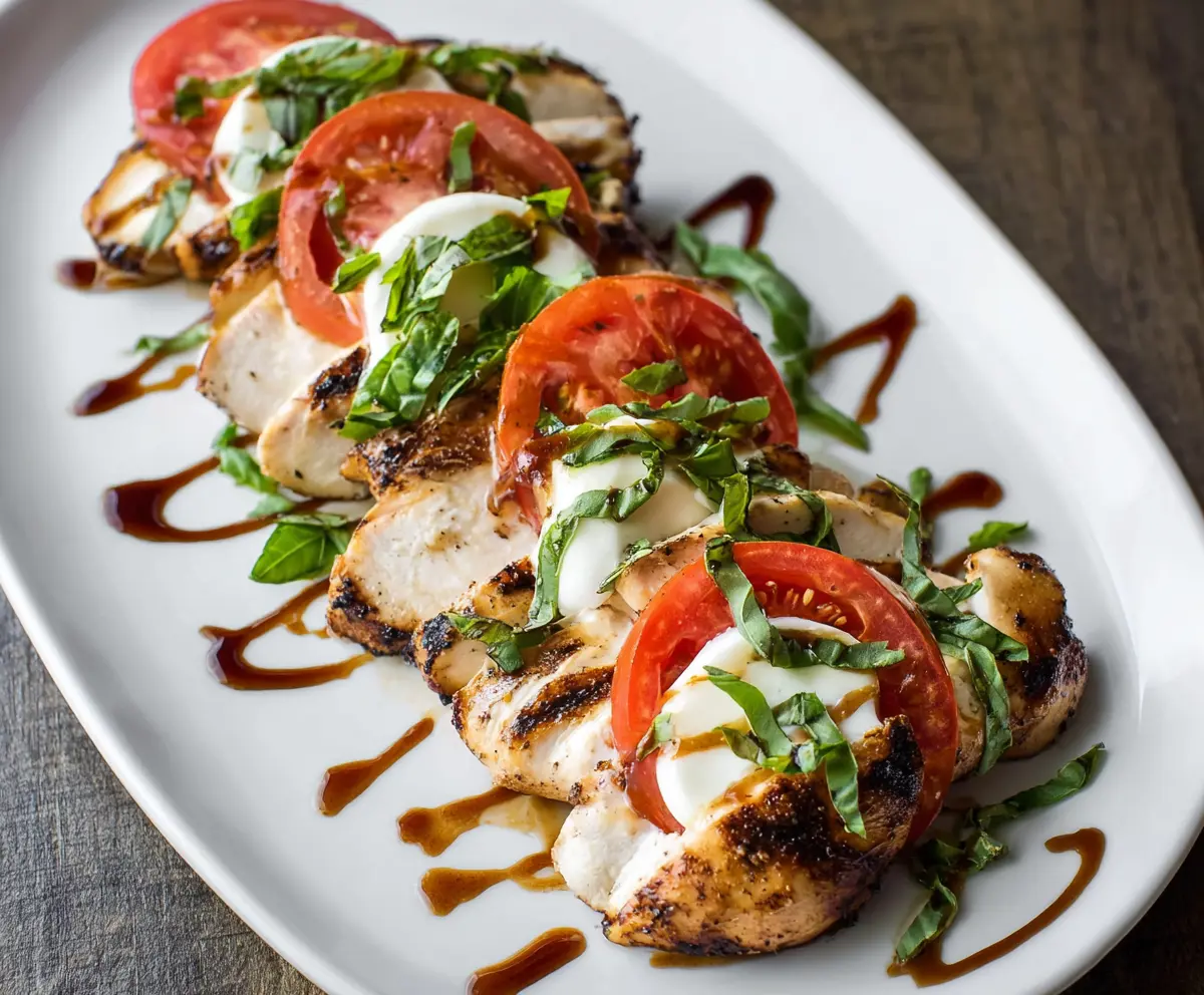 Delicious grilled chicken topped with fresh mozzarella, ripe tomatoes, and basil for a Caprese-inspired dish.
