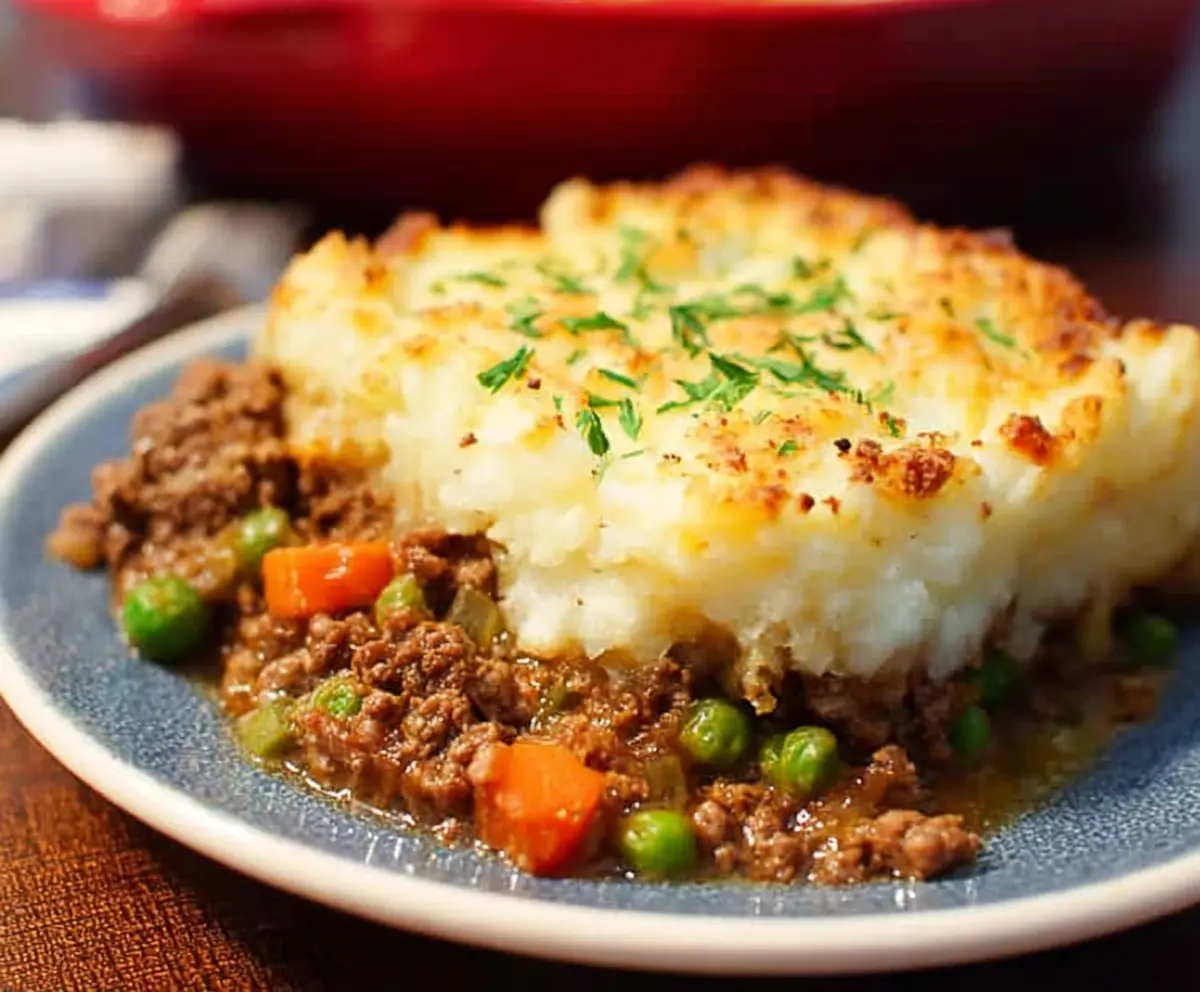 Homemade Ground Beef Shepherd's Pie with mashed potato topping and savory beef filling.