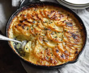 Creamy Gruyere Potato Gratin served in a baking dish, topped with melted cheese and herbs.
