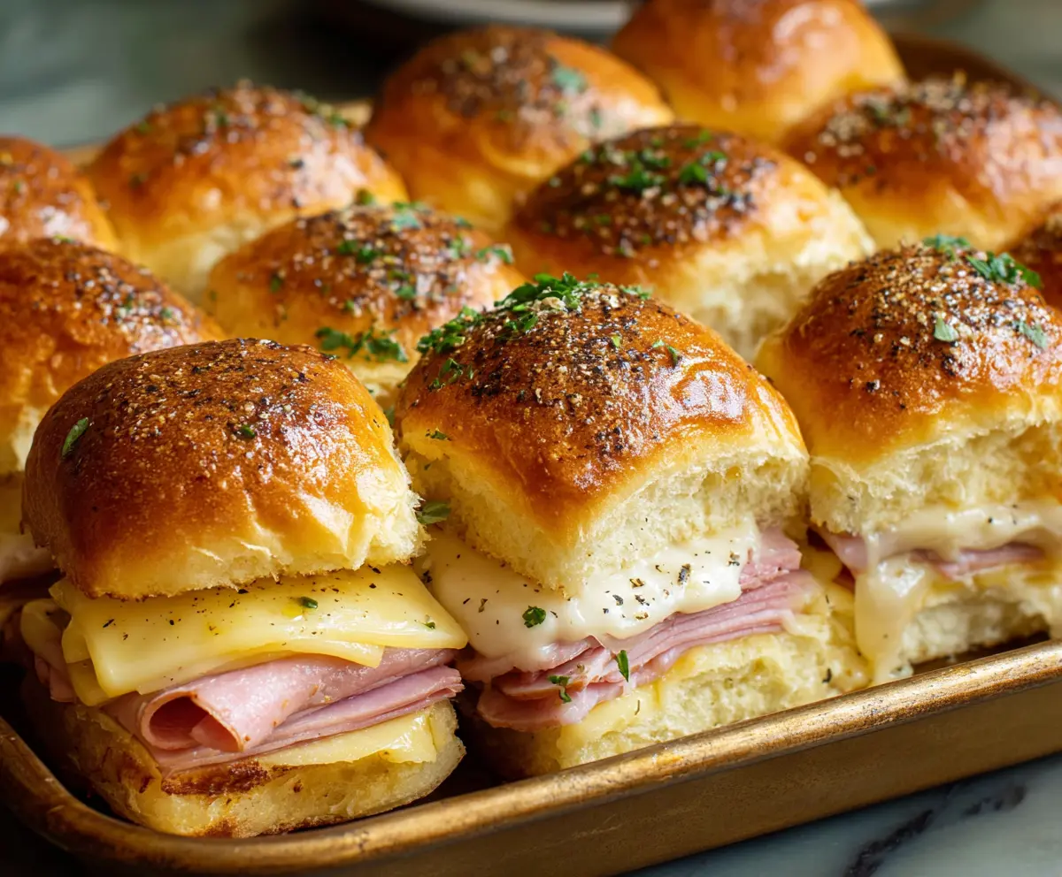 Delicious Ham and Cheese Hawaiian Roll Sliders served on a platter, perfect for parties and gatherings.