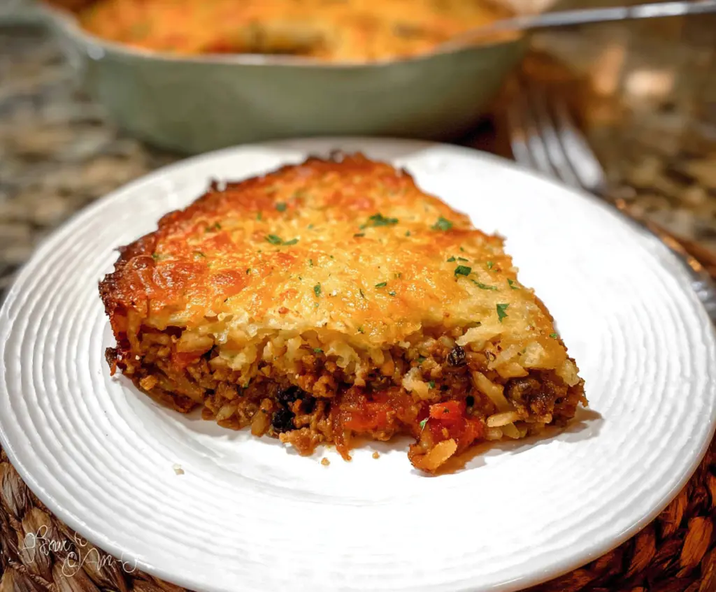 Delicious Hash Brown Shepherd's Pie topped with crispy golden hash browns and savory filling.