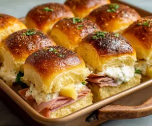 Delicious Hawaiian Roll Sliders filled with ham, cheese, and pineapple for a savory, sweet appetizer.