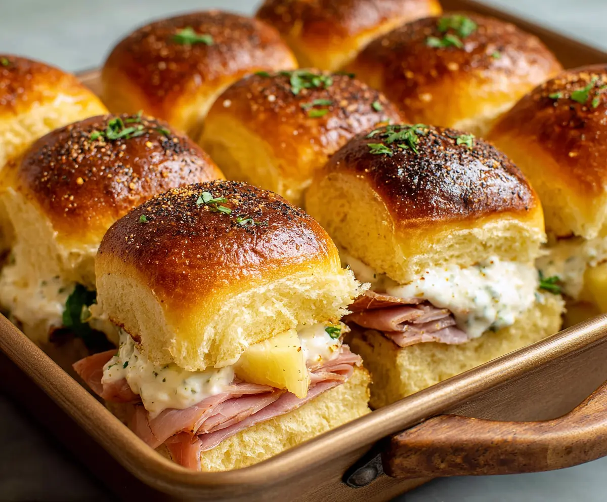 Delicious Hawaiian Roll Sliders filled with ham, cheese, and pineapple for a savory, sweet appetizer.