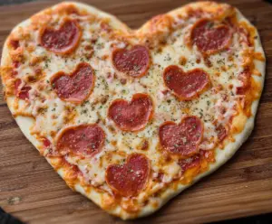 Delicious heart-shaped pizza topped with melted cheese and fresh vegetables for Valentine's Day dinner.