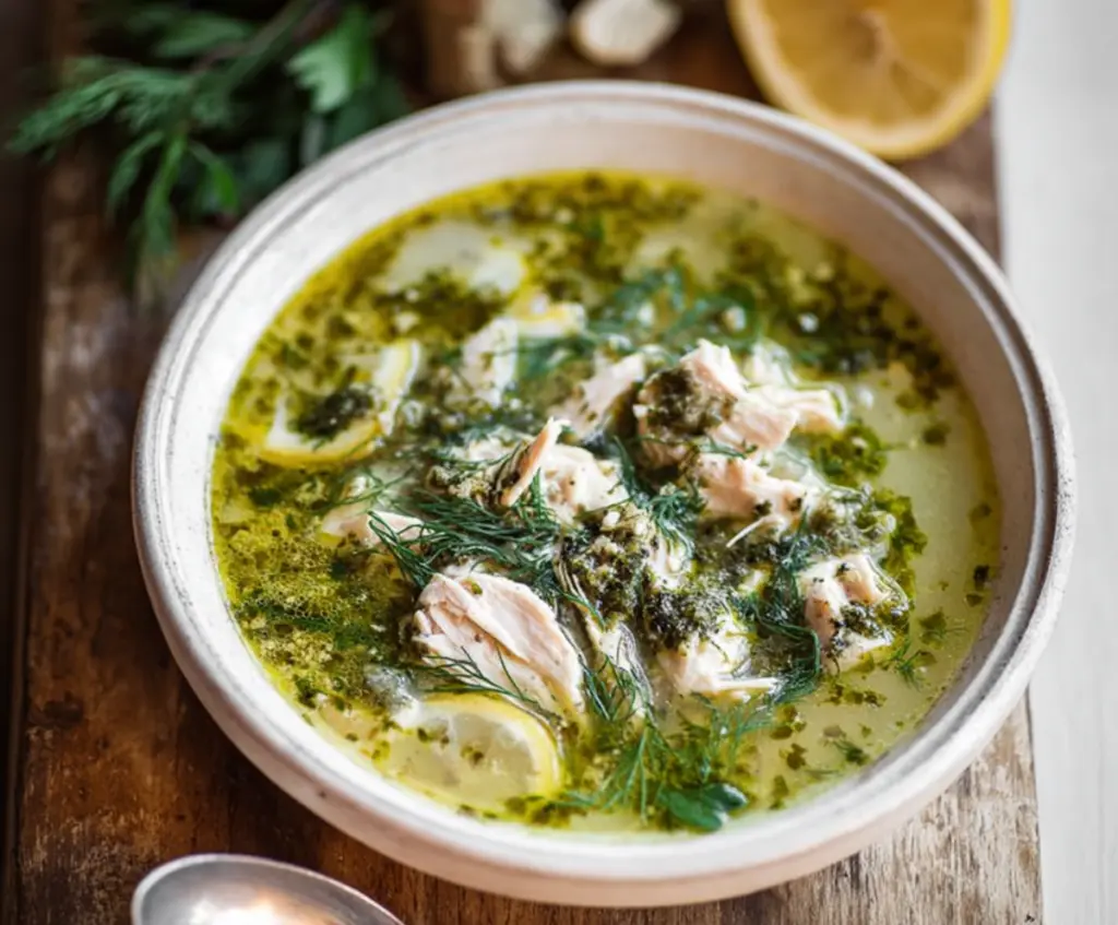 Delicious herby Greek lemon chicken soup served in a rustic bowl with fresh herbs and lemon slices.