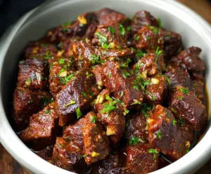 Delicious high protein slow cooker garlic butter beef bites served on a plate.