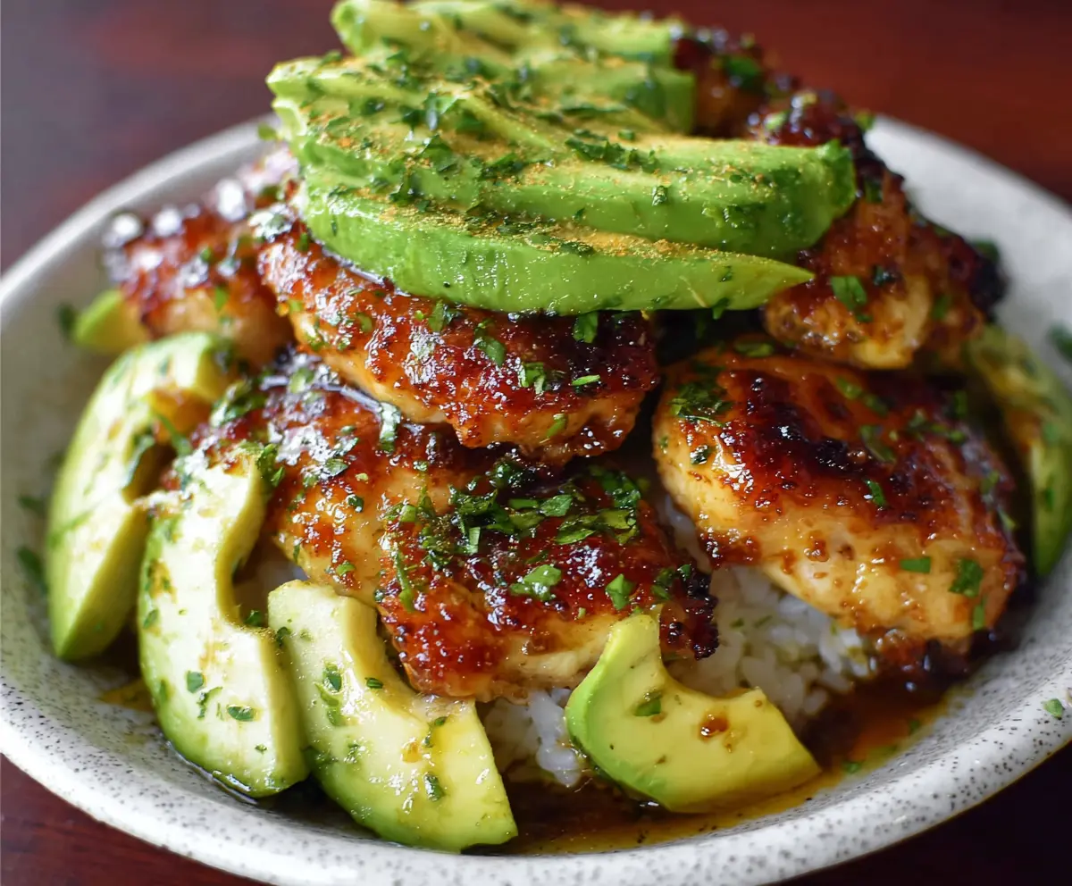Delicious honey lime chicken topped with fresh avocado slices on a colorful plate.