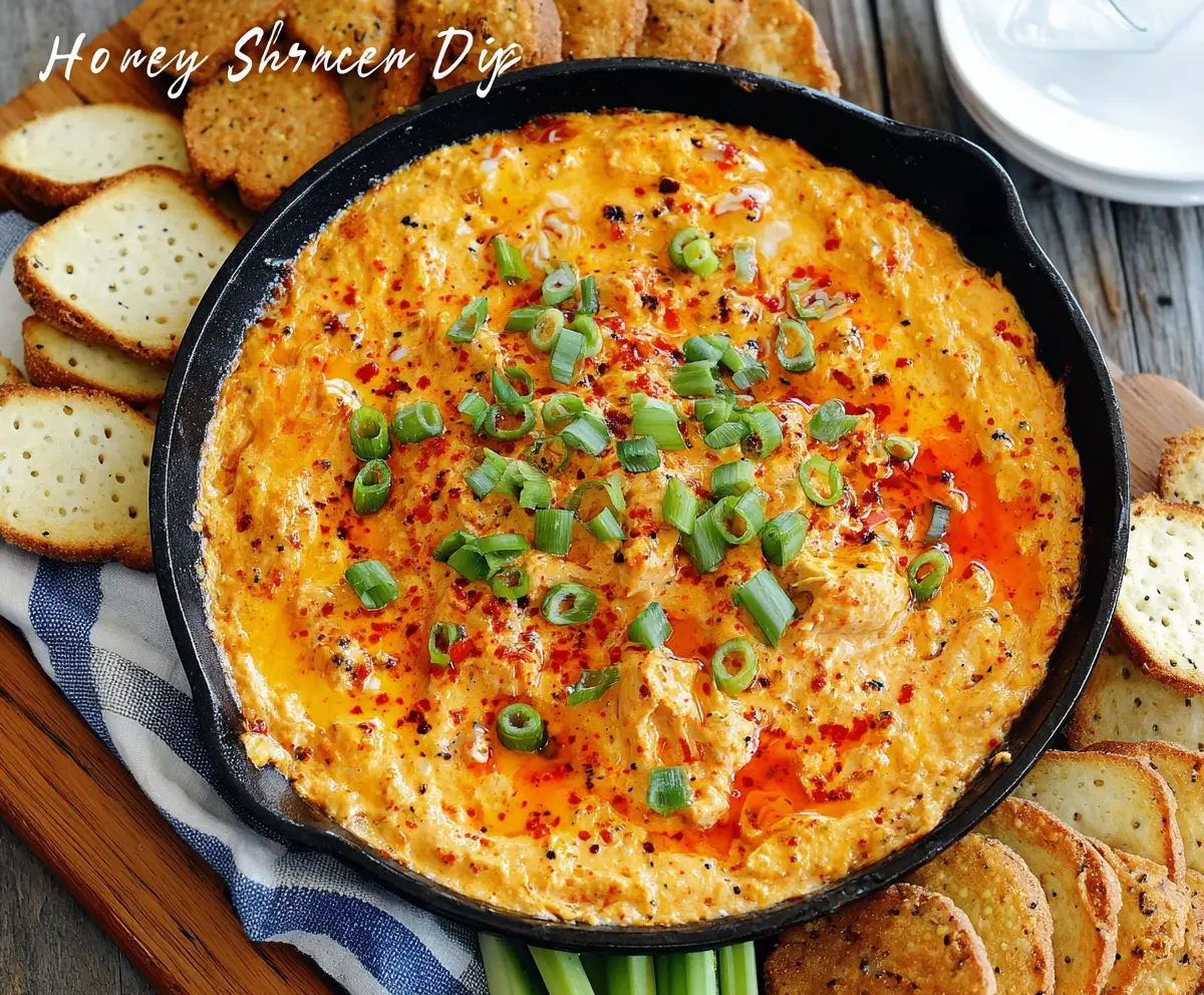 Delicious Honey Sriracha Chicken Dip served in a bowl, garnished with fresh herbs for a spicy, sweet appetizer.
