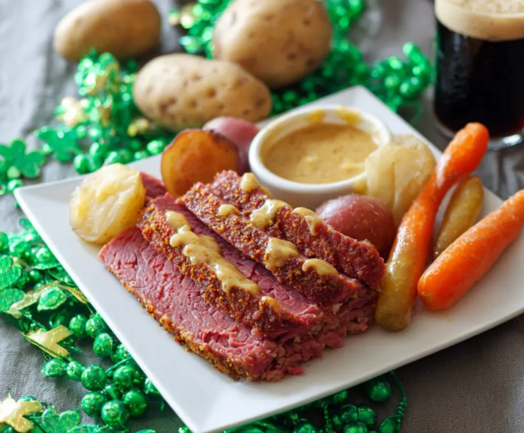 Delicious Instant Pot corned beef with a tangy mustard glaze, perfect for a hearty meal.