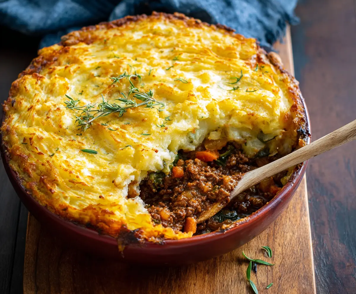 Delicious Irish Cottage Pie with mashed potatoes and savory meat filling served in a rustic dish.