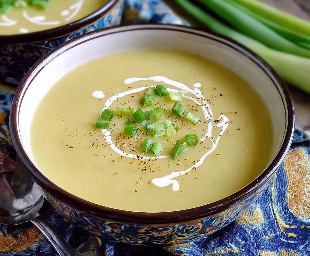 A bowl of creamy Irish Potato and Leek Soup garnished with fresh herbs.